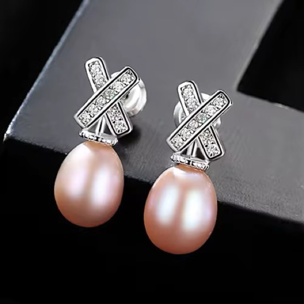 •High-end Quality Unique X Shape Freshwater Pearl 925 Sterling Silver Earrings